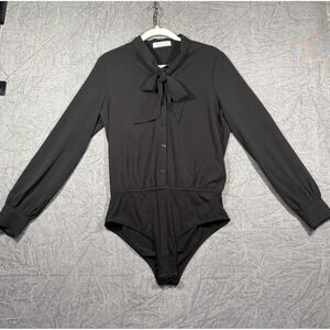 Kate Kasin Bodysuit Women Medium Black Tie Neck Button Down Long Sleeve Blouse